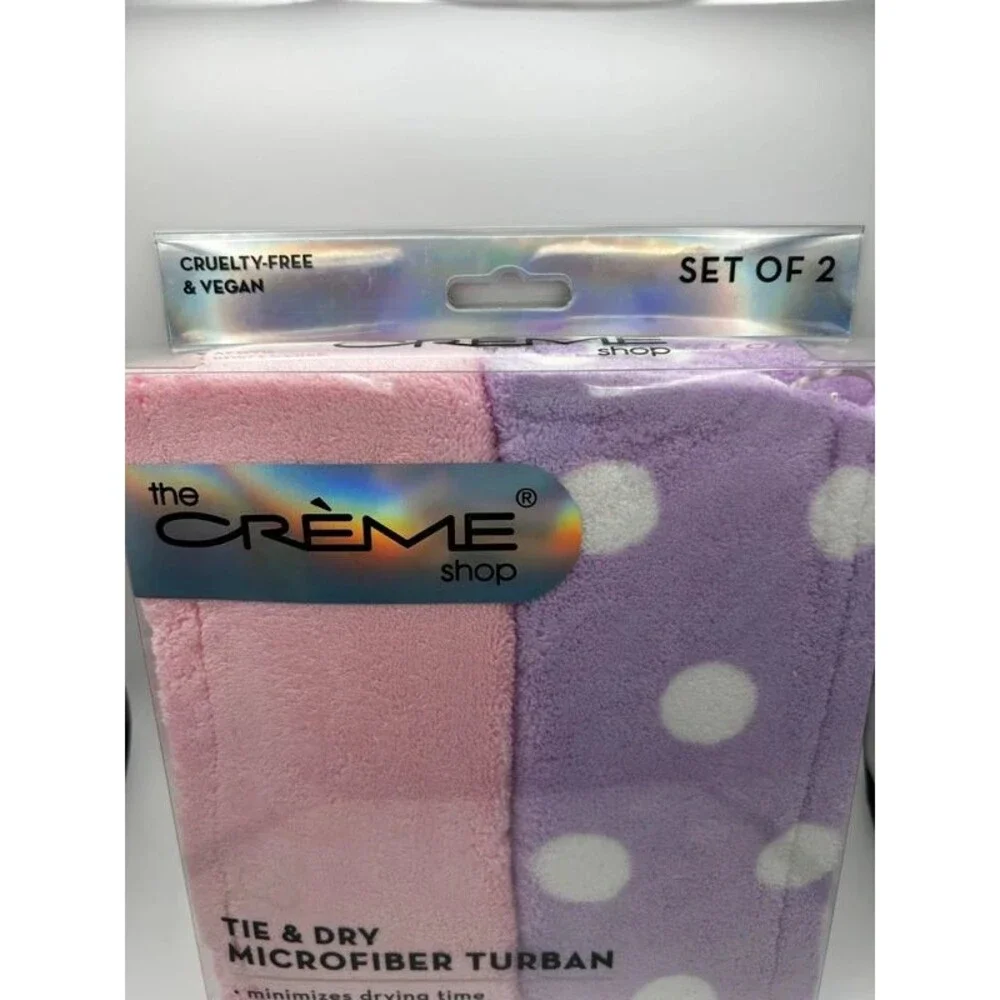 The Crème Shop Tie & Dry Microfiber Hair Turban Towel Set of 2 Pink Purple Polka